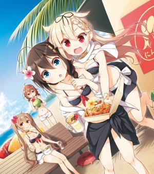 時雨,艦隊これくしょん,ユメのオワリ,呆毛,前发,露肩,海滩,水着,金发,碧眼,脸红,三股辫,胸部,棕色眼,茶发,项圈,cleavage,发饰,长发,露脐,红色眼,缎带,坐姿,天空,笑顔,闪亮,泳装,双马尾