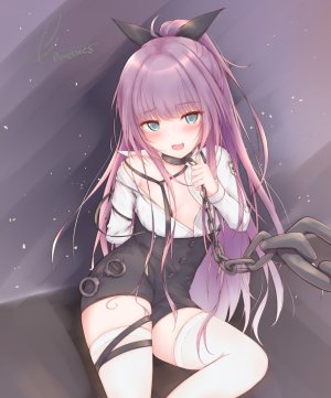 tashkent,碧蓝航线,碧眼,脸红,锁链,长发,视线正对,開いた口,马尾辫,紫发,缎带,衬衫,坐姿,single,タシュケント,黑丝,白丝