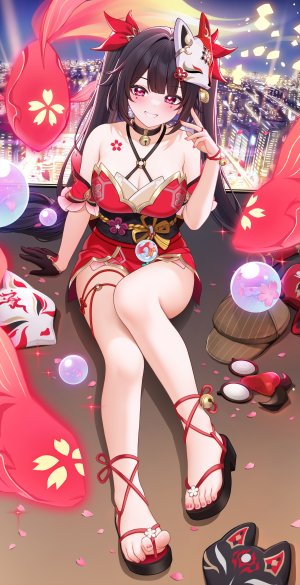 绿茶の袋子,崩坏：星穹铁道,花火,脸红,前发,丝带,和服,双马尾,露肩,cleavage