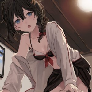 時雨,艦隊これくしょん,前发,水着,碧眼,脸红,三股辫,胸部,茶发,cleavage,长发,长袖,横乳,開いた口,缎带,single,泳装