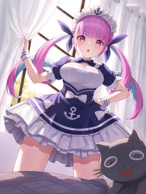 halonakoma9,湊あくあ,にゃくあーと,Hololive,呆毛,围裙,青发,直刘海,breasts,猫,长发,视线正对,女仆,開口,紫色眼,紫发,缎带,短裙,single,双马尾,Vtuber