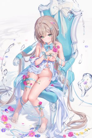 原创,momoko,ほうき星,single,長身像,视线正对,前发,脸红,breasts,茶发,坐姿,绿色眼,全身,nipples,超长发,猫咪,uncensored,erect_nipples,少女,发饰,下着,胖次