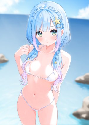 mioli_luka,独立虚拟YouTuber,ゴトー内緒,輪チラ,水着,青发,三股辫,breasts,censored,发饰,マイクロビキニ,露脐,天空,笑顔,single,泳装,Vtuber