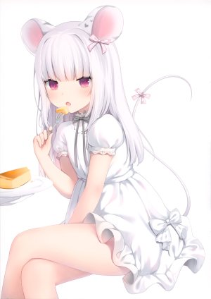 原创,甘城なつき,长发,長身像,脸红,视线正对,highres,開いた口,前发,白背景,坐姿,holding,兽耳,白发,直刘海