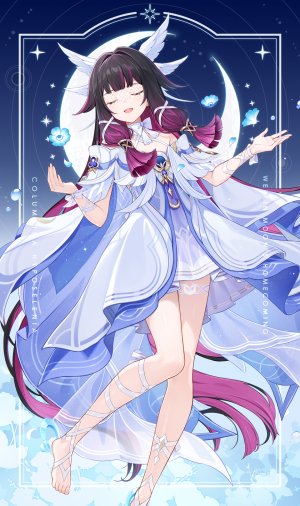 コロンビーナ,原神,6U☆,黑发,连衣裙,发饰,长发,開口,紫发,single,超长发