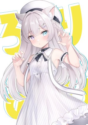 原创,kurage_cc,兽耳,脸红,领结,三股辫,猫耳,猫娘,项圈,连衣裙,灰发,发饰,长发,紫色眼,single,白背景,翅膀