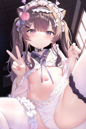 原创,KuroiDa,兽耳,脸红,breasts,茶发,猫耳,猫娘,发饰,lingerie,长发,视线正对,露脐,胖次,紫色眼,缎带,笑顔,single,丝袜,双马尾,下着,白丝