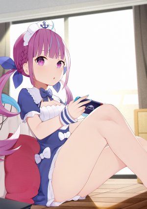湊あくあ,Hololive,呆毛,青发,三股辫,胸部,cleavage,视线正对,横乳,紫色眼,紫发,缎带,坐姿,single,双马尾,Vtuber