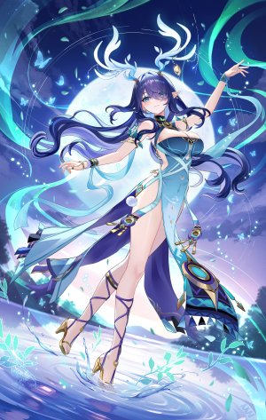 原神,lalazyt,露肩,青发,breasts,连衣裙,全身,长发,视线正对,尖耳,笑顔,single,超长发