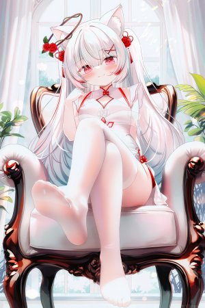 木下Ringo,原创,汉服,连衣裙,发饰,丝袜,白丝,兽耳,脸红,breasts,猫耳,cleavage,白发,坐姿,笑顔,视线正对,rose,猫娘,single
