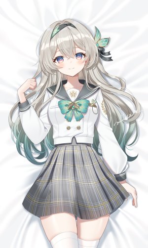 崩坏：星穹铁道,Myusha,碧眼,领结,灰发,长发,长袖,学校制服,衬衫,短裙,笑顔,single,丝袜,白丝