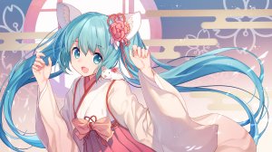 bisonbison,初音ミク,VOCALOID,动物,兽耳,和服,长发,巫女,双马尾