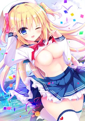 原创,師走ほりお,动物,金发,碧眼,脸红,breasts,长发,视线正对,露脐,No-Bra,挤眼,胖次,褶皱裙,衬衫,短裙,天空,笑顔,single,丝袜,下着,超长发,白丝