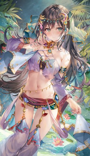 原创,momoko,露肩,黑发,胸部,项圈,cleavage,绿色眼,holding,巨乳,leaf,长发,视线正对,露脐,笑顔,single,黑丝,白丝