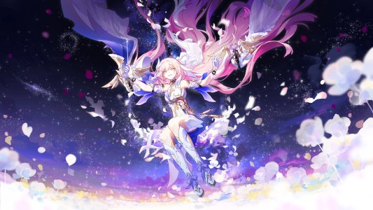 崩坏3rd,rafaelaaa,露肩,连衣裙,全身,手套,发饰,长发,视线正对,開口,花瓣,粉发,天空,single,超长发