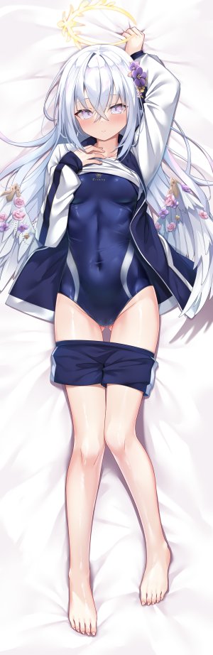 shimo,蔚蓝档案,白洲梓,前发,泳装,脸红,breasts,光晕,露脐,紫色眼,白发,翅膀,横臥,single,長身像