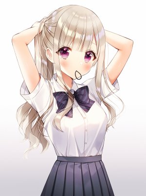 原创,weri,前发,脸红,胸部,衬衫,长发,视线正对,马尾辫,紫色眼,短裙,貧乳,single,白背景