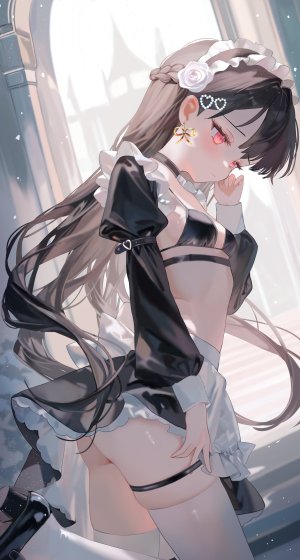 原创,moemoepiano,围裙,水着,黑发,三股辫,breasts,项圈,长袖,女仆,迷你短裙,短裙,single,泳装,丝袜,白丝