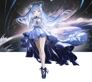 haruri,兽耳,碧眼,青发,脸红,连衣裙,光晕,holding,长发,长袖,视线正对,開口,笑顔,single,超长发,Vtuber