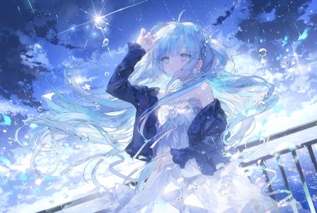 原创,おにねこ,露肩,碧眼,青发,连衣裙,灰发,长发,天空,single,超长发