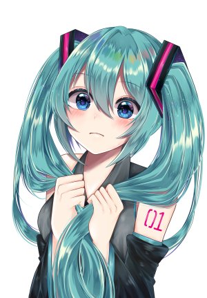初音ミク,VOCALOID,nerua,露肩,碧眼,脸红,绿发,发饰,holding,长发,视线正对,single,双马尾,白背景