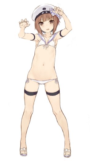 艦隊これくしょん,goekawa,前发,水着,脸红,茶发,全身,開いた口,短发,single,泳装,白背景