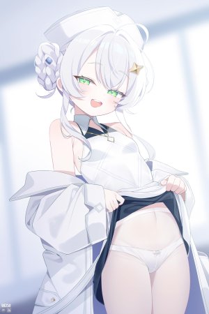 stella_sora,デユイ,呆毛,三股辫,breasts,双团子头,连衣裙,绿色眼,包子頭,发饰,视线正对,露脐,项链,開口,胖次,裤袜,笑顔,single,下着,白发