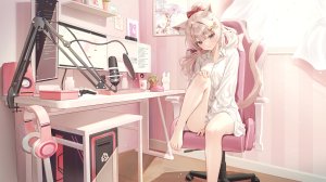 Vtuber,独立虚拟YouTuber,babupipi,bluedok,single,长发,视线正对,脸红,金发,兽耳,马尾辫,猫耳,猫娘,猫尾,少女,衬衫,耳机