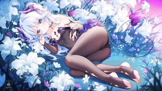 原创,露肩,碧眼,脸红,breasts,cameltoe,项圈,恶魔娘,長手袋,手套,长发,横臥,胖次,缎带,短裙,single,下着,白发,翅膀