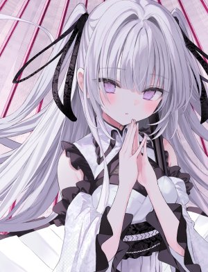 eshi_100_nin_ten,原创,nanananana,直刘海,脸红,项圈,连衣裙,长发,视线正对,開口,紫色眼,缎带,single,双马尾,超长发,白发