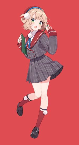 しぐれうい,时雨羽衣,独立虚拟YouTuber,呆毛,金发,全身,绿色眼,发饰,holding,长发,长袖,视线正对,開口,褶皱裙,缎带,学校制服,衬衫,短发,短裙,笑顔,single,Vtuber