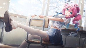 swkl:d,崩坏：星穹铁道,领结,breasts,长发,视线正对,粉发,学校制服,衬衫,坐姿,笑顔,single,丝袜,双马尾,白丝