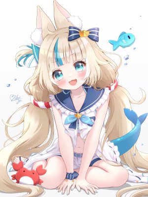 sameko_saba,独立虚拟YouTuber,mozukun43,兽耳,金发,青发,直刘海,脸红,连衣裙,全身,长发,视线正对,露脐,開口,坐姿,笑顔,single,双马尾,超长发,Vtuber,白背景