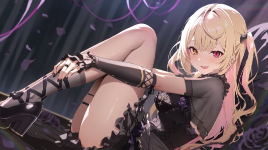 Vtuber,Nijisanji,星川サラ,ruo19,single,脸红,highres,breasts,開口,笑顔,金发,红色眼,黄色眼,reclining,少女,连衣裙,花瓣