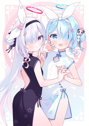 kano_hito,阿洛娜,普拉娜,蔚蓝档案,碧眼,青发,直刘海,脸红,三股辫,breasts,汉服,双团子头,连衣裙,包子頭,发饰,光晕,萝莉,长发,视线正对,開口,粉发,缎带,短发,超长发,白发