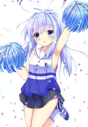 请问您今天要来点兔子吗?,香風智乃,kedama,长发,single,長身像,脸红,视线正对,開いた口,前发,碧眼,白背景,青发