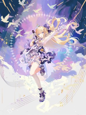 amatsuki_mahjong,dedeko,露肩,金发,碧眼,领结,三股辫,breasts,cleavage,皇冠,手套,吉他,发饰,holding,偶像,乐器,长发,開口,胖次,缎带,衬衫,短裙,single,丝袜,下着,白丝