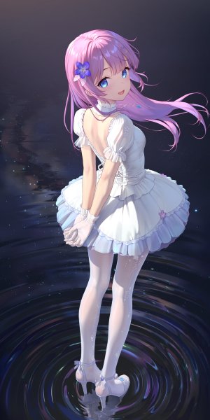 原创,kamikawa_sumire,tokinohimitsu,single,长发,長身像,视线正对,前发,開口,碧眼,笑顔,粉发,全身,直刘海,风,少女,连衣裙,手套,裤袜