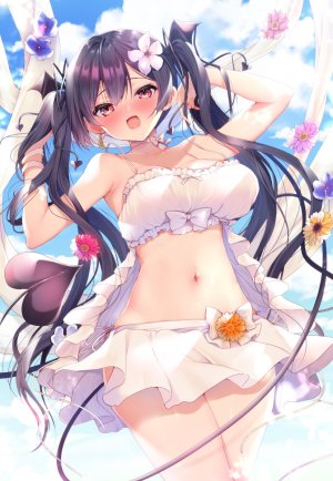 原创,あゆま紗由,露肩,黑发,胸部,项圈,发饰,巨乳,长发,视线正对,迷你短裙,露脐,開いた口,红色眼,短裙,笑顔,single,双马尾