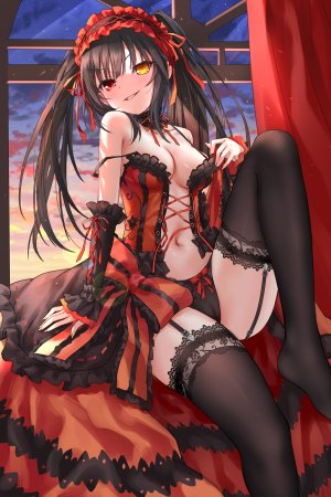 时崎狂三,DATE·A·LIVE,devil_heavens,黑发,黑丝,breasts,cameltoe,cleavage,视线正对,胖次,红色眼,坐姿,笑顔,single,丝袜,双马尾,下着,黄色眼