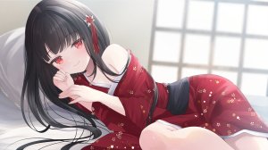 独立虚拟YouTuber,kurage_cc,黑发,发饰,和服,长发,视线正对,横臥,红色眼,缎带,笑顔,single,Vtuber