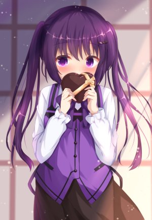 天々座理世,请问您今天要来点兔子吗?,kedama,前发,脸红,发饰,holding,长发,长袖,视线正对,紫色眼,紫发,衬衫,短裙,single,双马尾,制服,女服务生