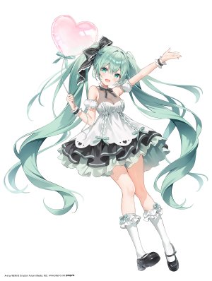 初音ミク,taito,VOCALOID,weri,breasts,cleavage,连衣裙,全身,holding,kneehighs,长发,视线正对,開口,笑顔,single,双马尾,超长发,白背景