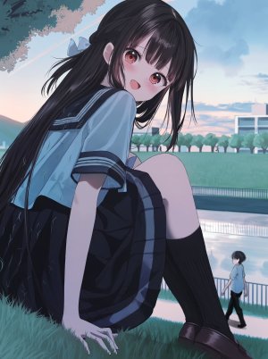 osana_naruka,原创,ぺんたごん,黑发,脸红,三股辫,全身,kneehighs,长发,视线正对,回头看,迷你短裙,開口,褶皱裙,学校制服,水手服,衬衫,短发,坐姿,短裙,天空,笑顔,超长发