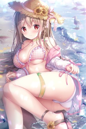 前田栞,原创,Sousouman,前发,露肩,海滩,水着,脸红,三股辫,露胸,茶发,发饰,连帽衫,巨乳,长发,长袖,视线正对,横臥,横乳,红色眼,缎带,笑顔,single,泳装,湿身