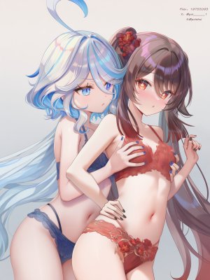 poi氵,原神,胡桃,GenshinImpact,芙宁娜（原神）,女孩子,少女,百合,魅惑的大腿