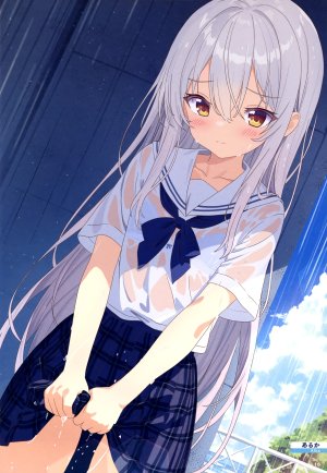 電撃萌王,原创,aruka,脸红,bra,长发,视线正对,褶皱裙,rain,学校制服,水手服,衬衫,短裙,天空,single,下着,超长发,湿身,白发,黄色眼