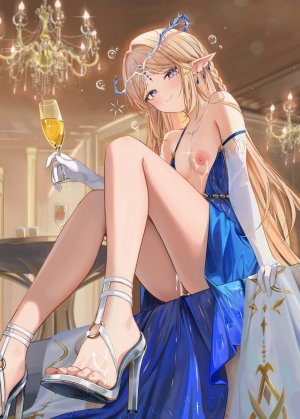 卡提希娅,鸣潮,儒宅,露肩,金发,碧眼,breasts,泡泡,连衣裙,長手袋,手套,holding,长发,视线正对,项链,nipples,尖耳,坐姿,single,超长发