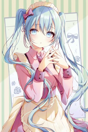 初音ミク,VOCALOID,ramunezake,围裙,碧眼,青发,脸红,连衣裙,长发,视线正对,女仆,single,双马尾