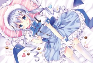 BitterCrown,香風智乃,请问您今天要来点兔子吗?,碧眼,脸红,连衣裙,手套,长发,黑丝,双马尾,絶対領域,waifu2x,watermark